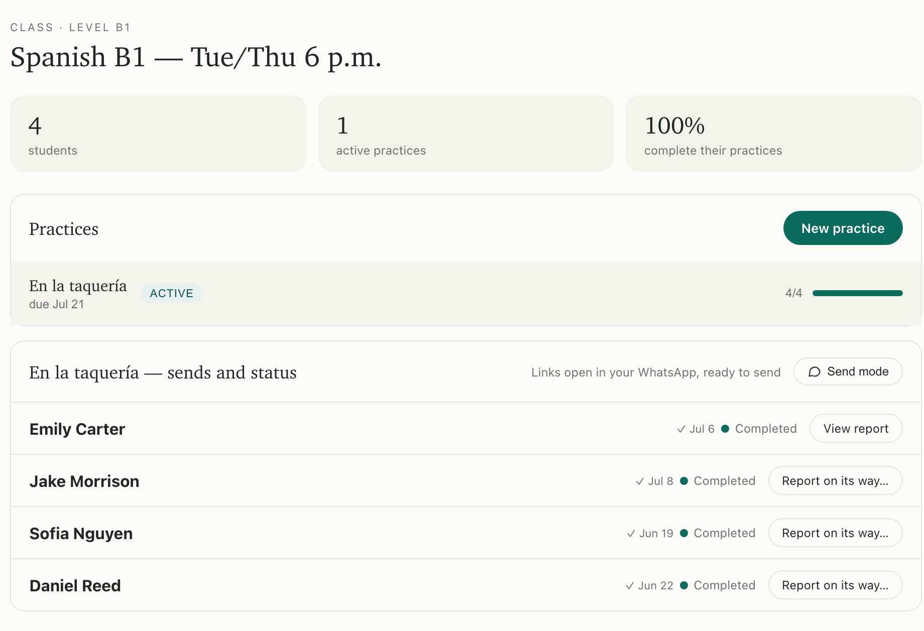 Teacher view: per-student practice status