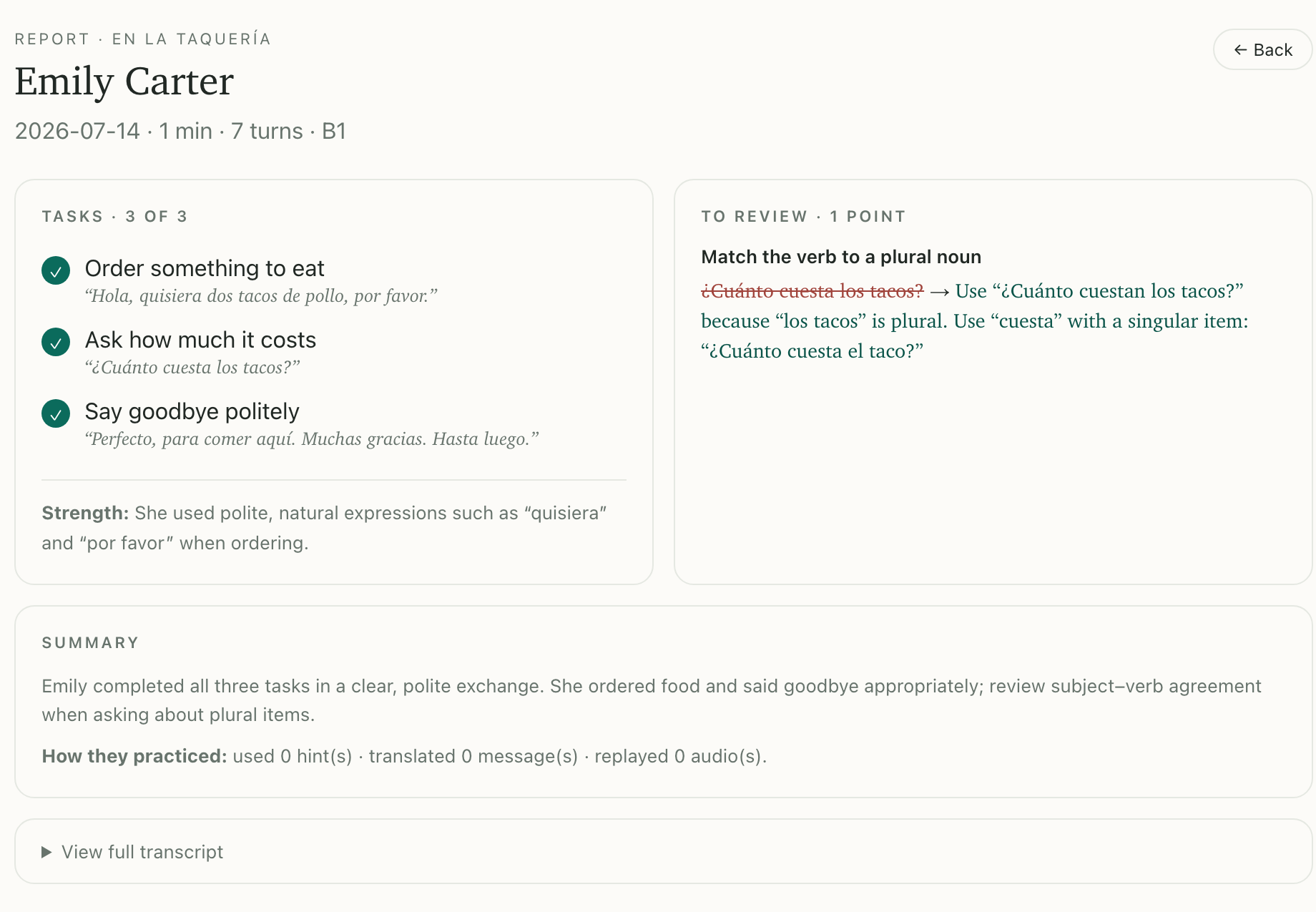 Teacher report: tasks accomplished, points to review, and transcript