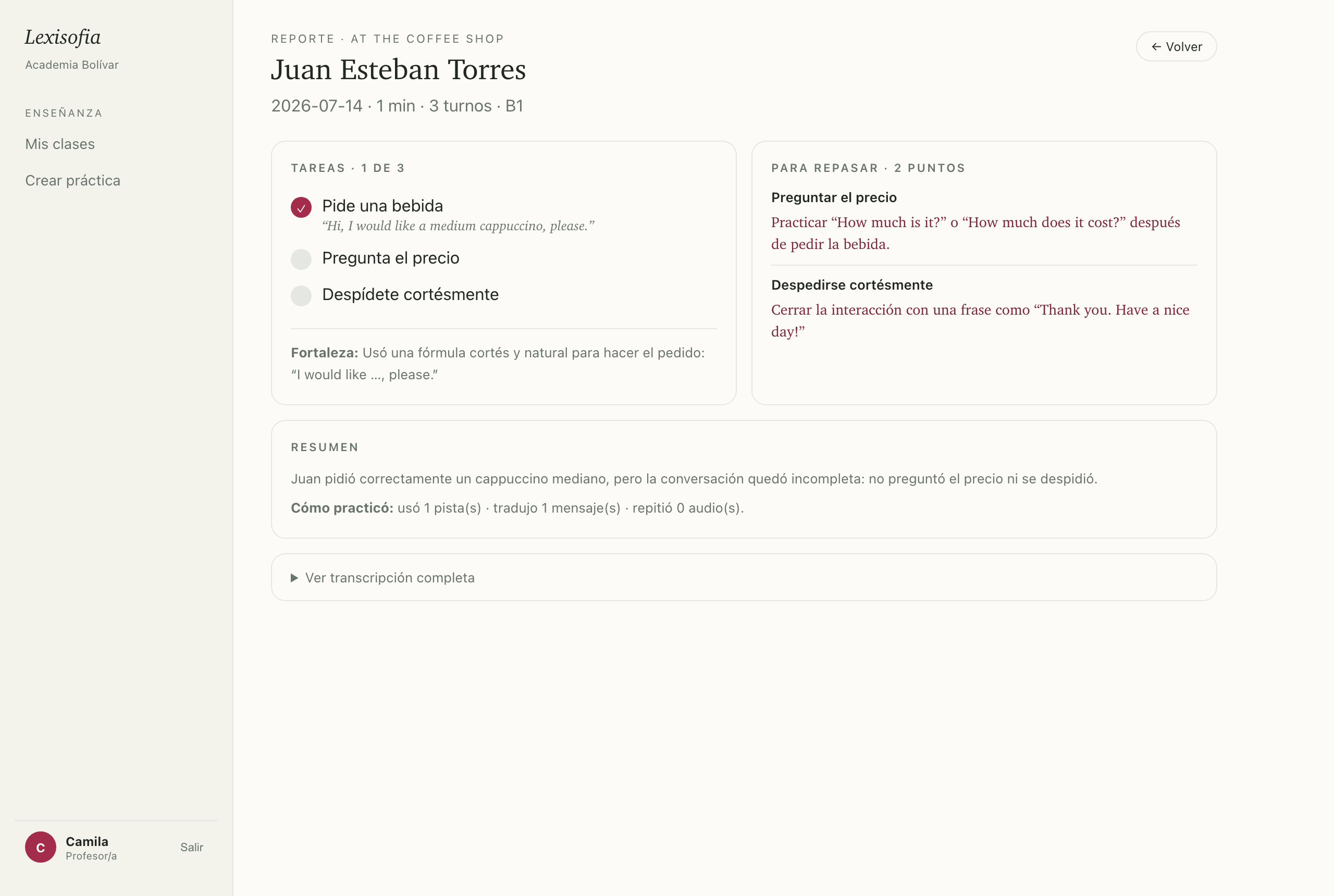 Reporte del profesor: tareas logradas, puntos para repasar y transcripción